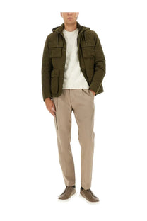 Herno men’s waxed cotton short parka green olive green quilted hooded jacket with flap pockets and button-front closure