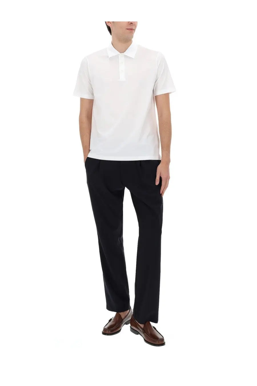 White short-sleeved polo shirt with classic collar and button placket paired with herno men’s blue wool blend pants