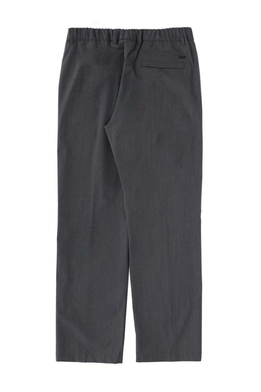 Dark gray slim-fit wool blend tailored pants by herno with elastic waistband and small rear pocket visible from the back