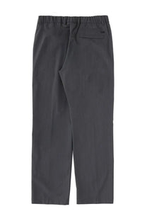 Dark gray slim-fit wool blend tailored pants by herno with elastic waistband and small rear pocket visible from the back