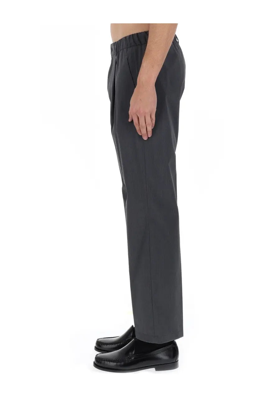 Dark gray wool blend tailored trousers by herno for men with a relaxed fit and elastic waistband