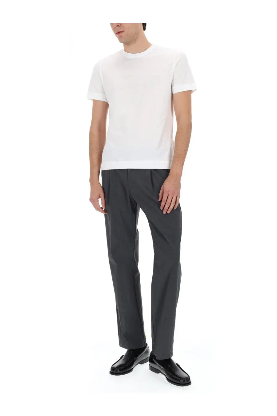 White cotton crew neck t-shirt with short sleeves paired with herno men’s grey wool blend tailored pants
