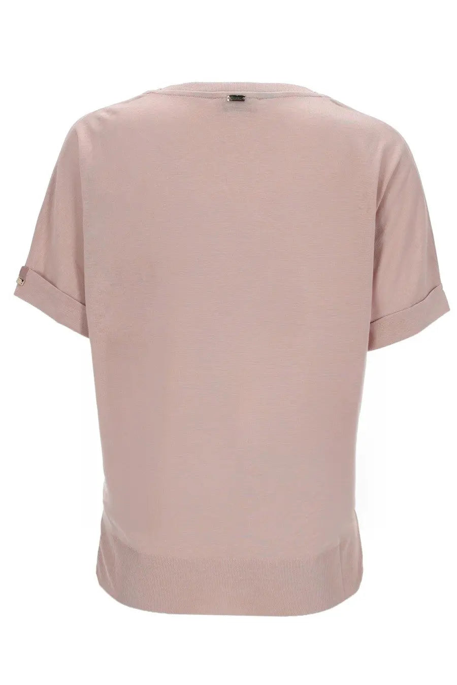 Herno women’s cotton blend shirt in soft blush pink with short sleeves, rolled cuffs, and ribbed hem