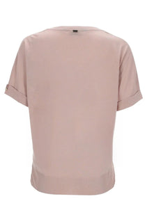 Herno women’s cotton blend shirt in soft blush pink with short sleeves, rolled cuffs, and ribbed hem
