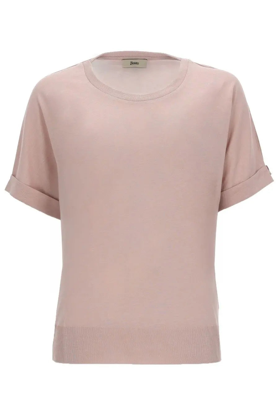 Herno women’s cotton blend soft blush pink short-sleeved top with rolled cuffs and ribbed hem