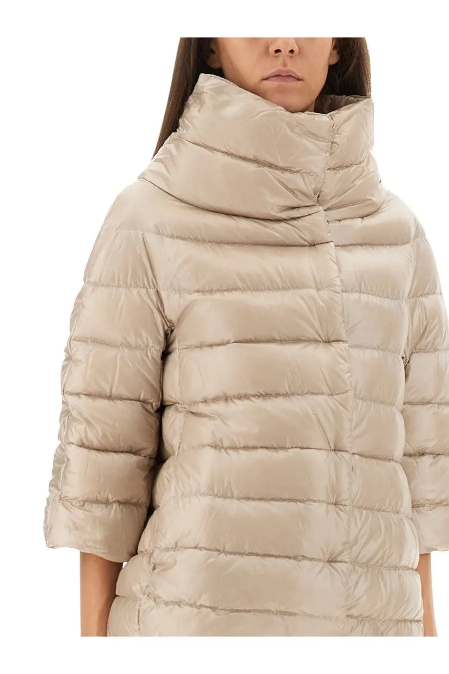 Herno women’s beige quilted down jacket aminta with high structured collar and three quarter sleeves