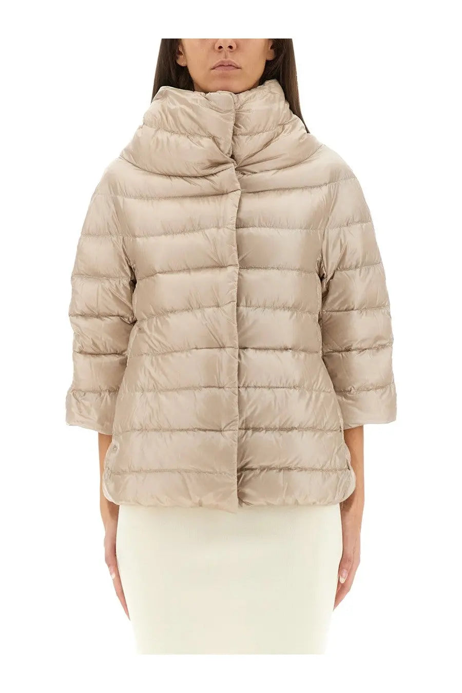 Herno women’s beige quilted down jacket with high collar and three-quarter sleeves in lightweight puffer style