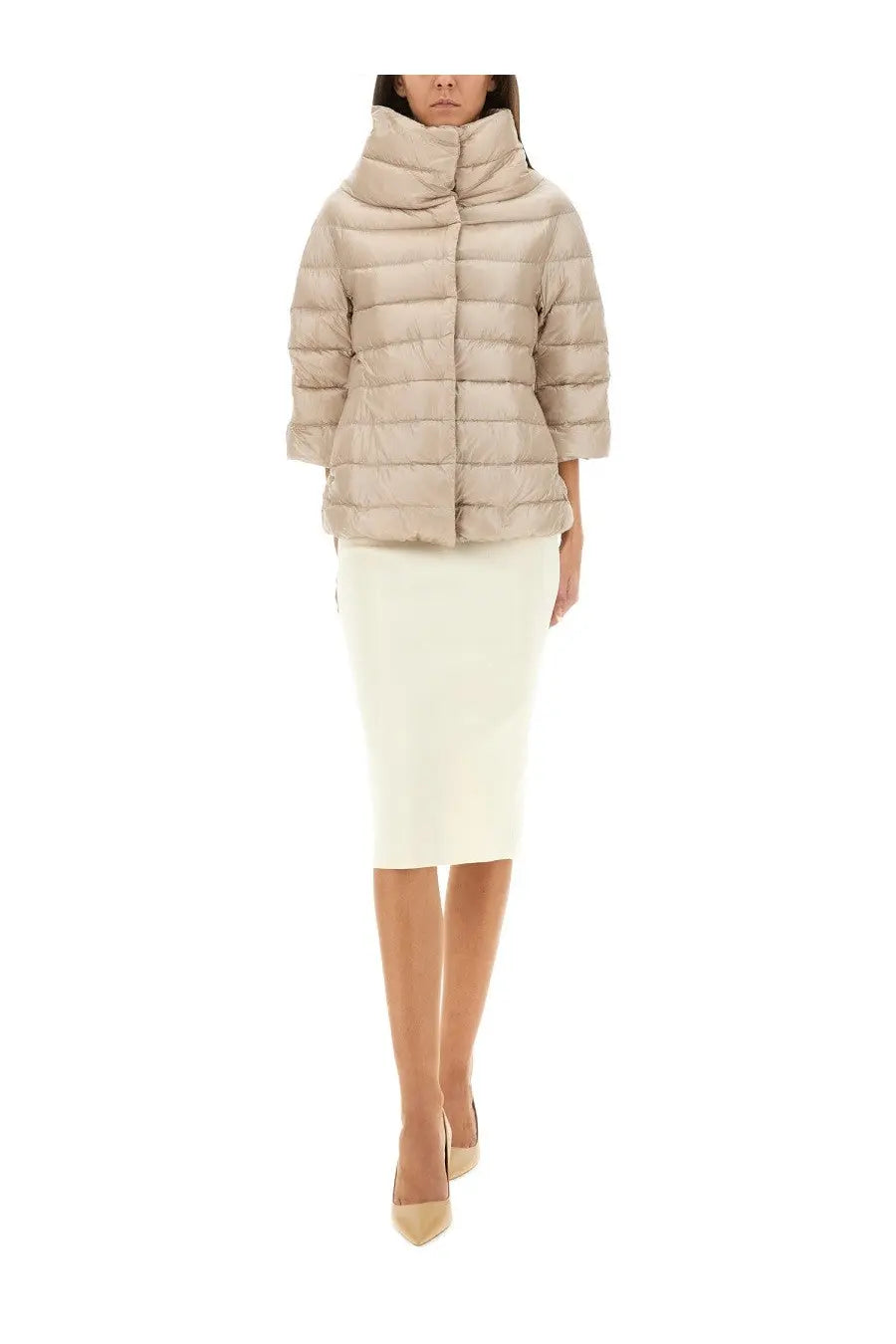 Herno women’s beige down jacket aminta with quilted design high collar and three quarter sleeves