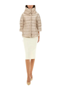 Herno women’s beige down jacket aminta with quilted design high collar and three quarter sleeves