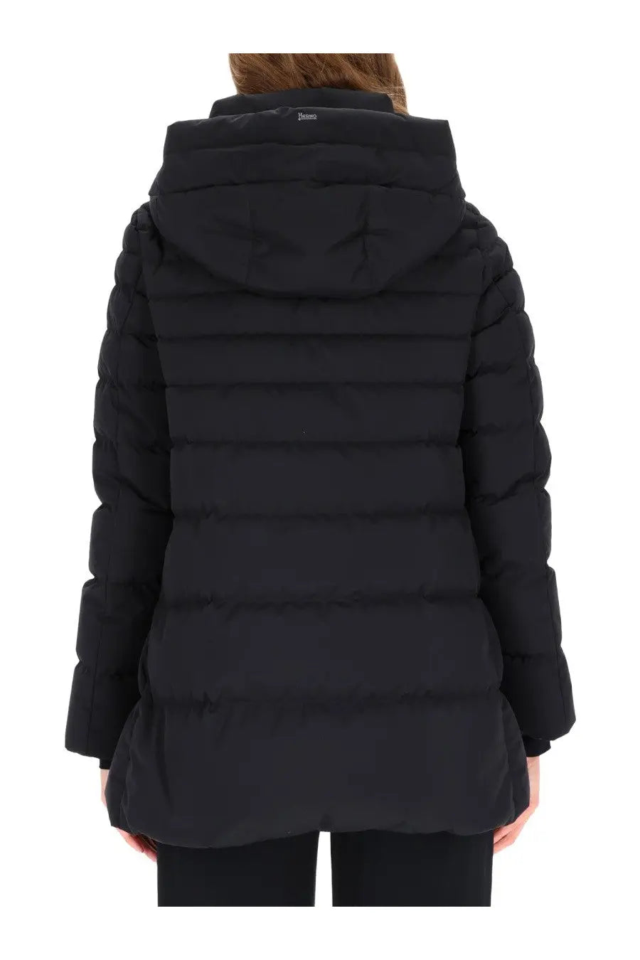 Herno women’s black down jacket with quilted puffer design hood and horizontal stitching front view