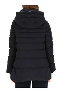 Herno women’s black down jacket with quilted puffer design hood and horizontal stitching front view