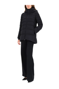 Herno women’s black down jacket with quilted puffer design high collar and hood for cold weather