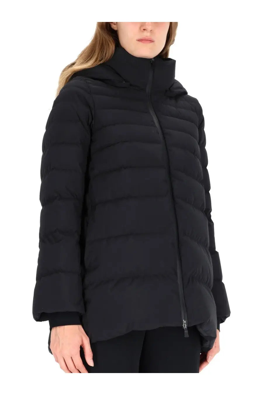 Herno women’s black quilted down puffer jacket with high collar and zipper closure for cold weather