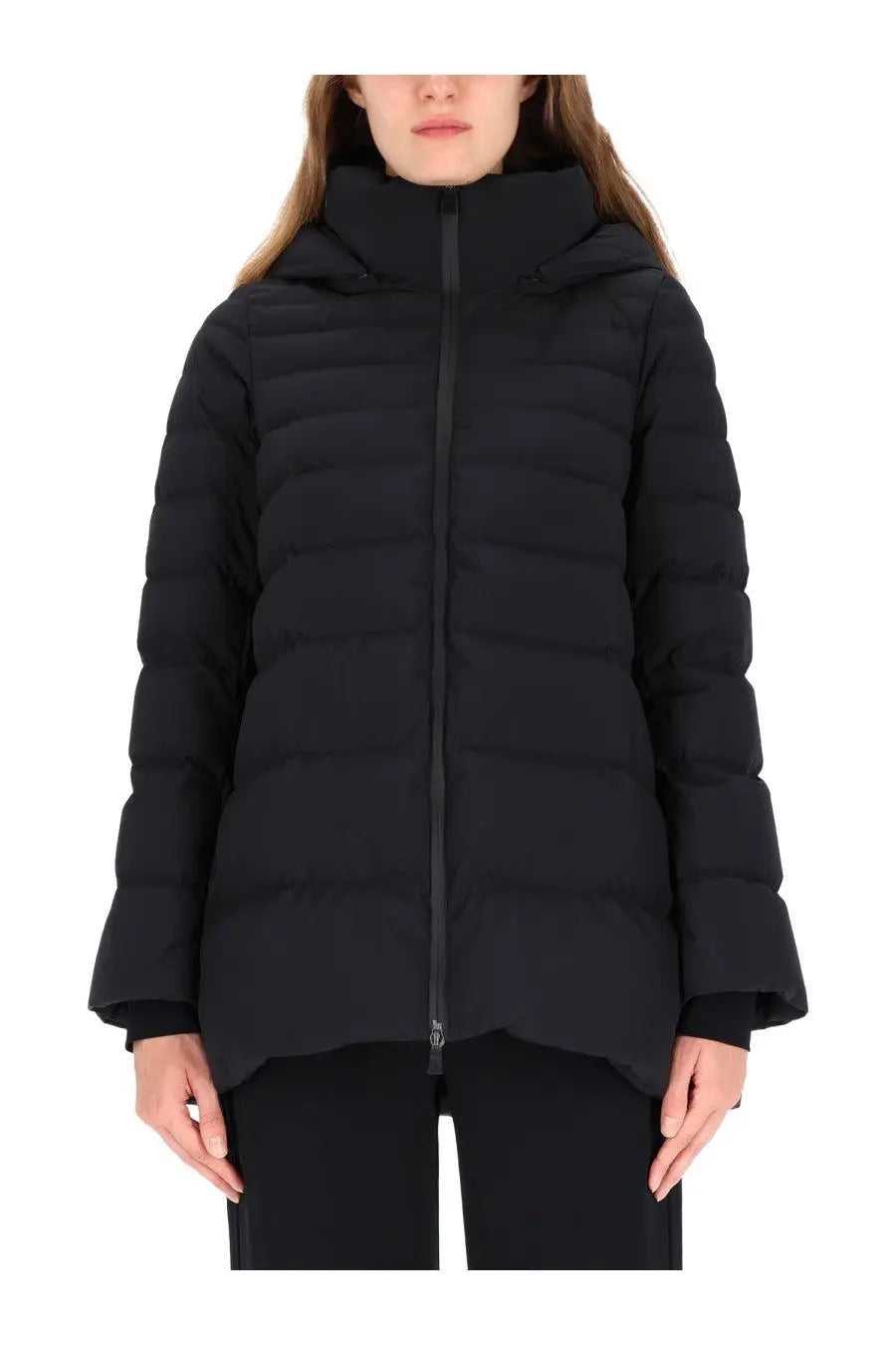 Herno women’s black quilted down puffer jacket with hood and front zipper for cold weather wear