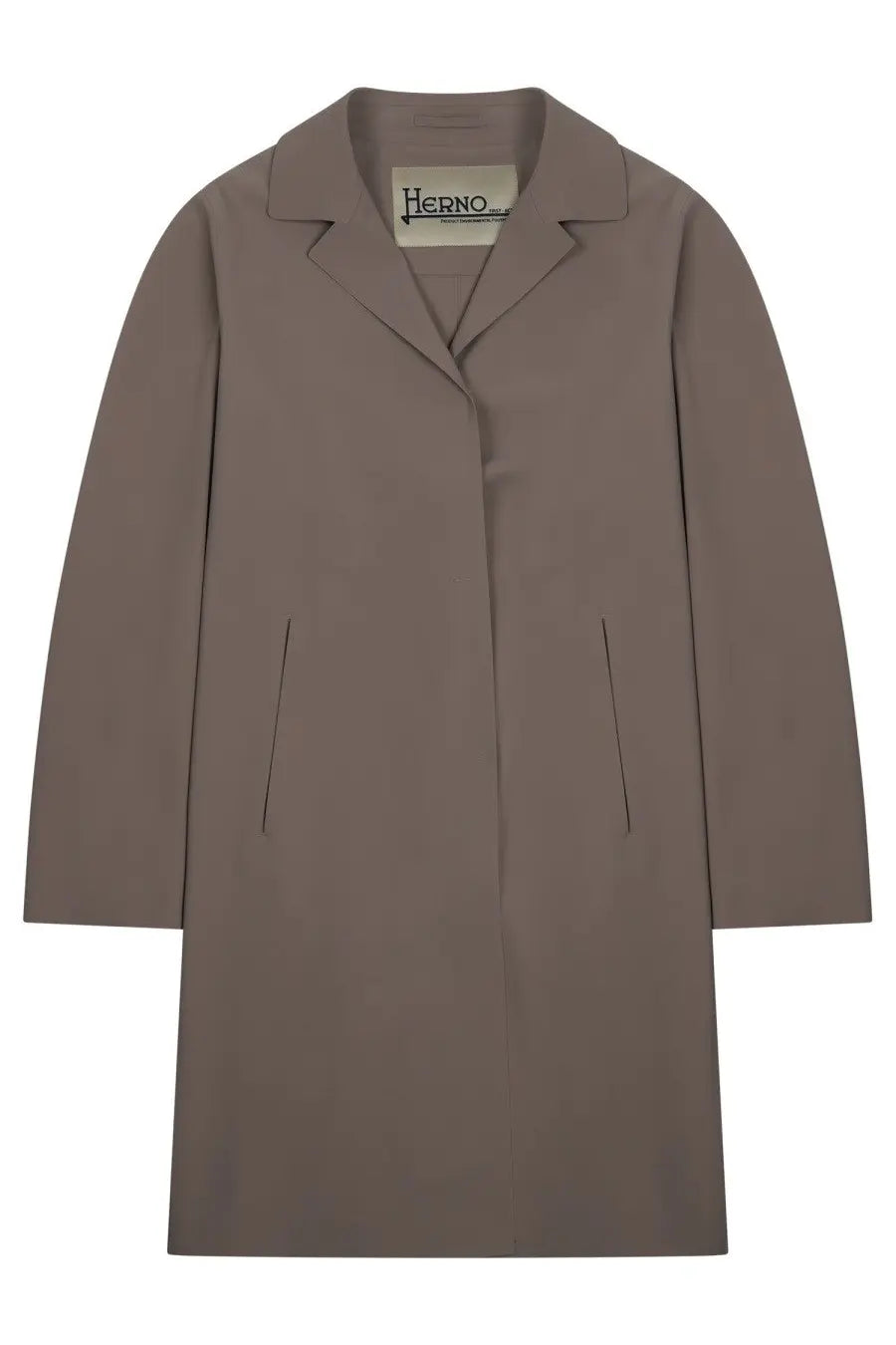 Herno women’s first act jacket taupe trench coat with classic collar and minimalist design
