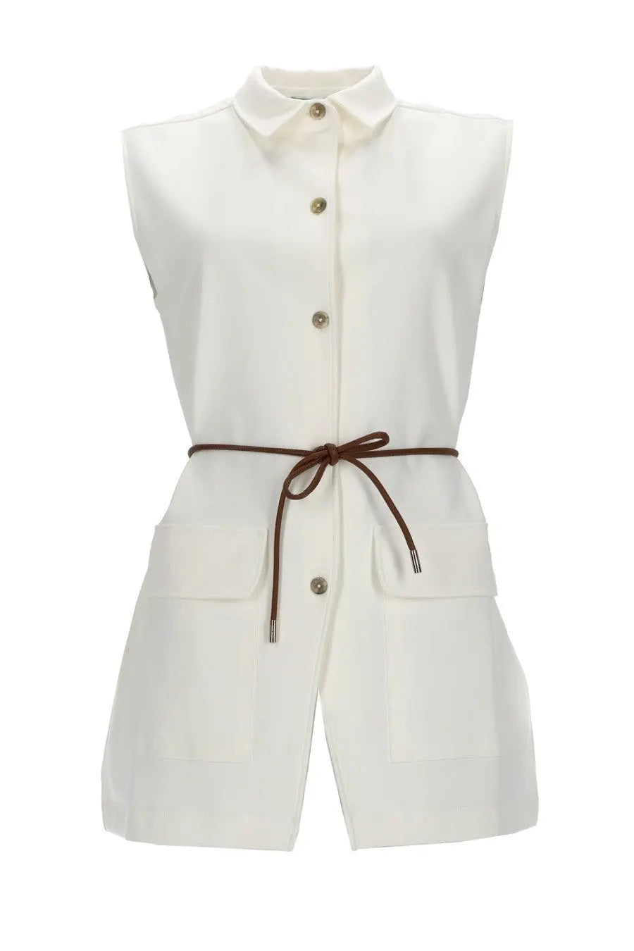 Herno womens gilet con cintura white sleeveless button-up shirt dress with collar front buttons and brown drawstring belt