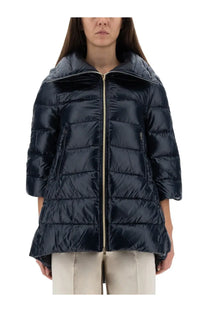 Dark navy quilted puffer jacket with high collar and gold-tone zipper by herno for women