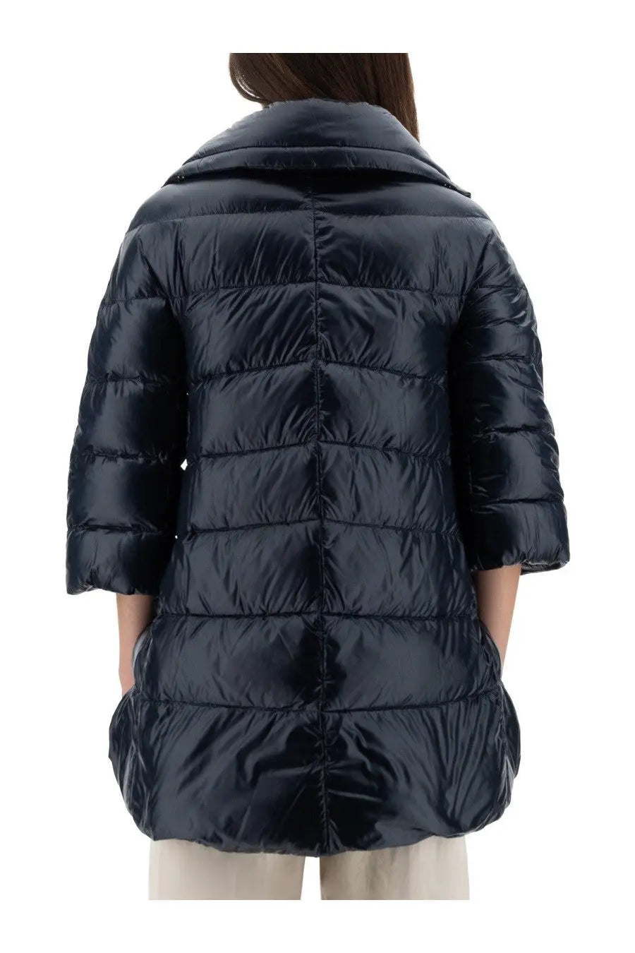 Navy blue quilted down coat with high collar and three-quarter sleeves by herno womens giubbotto shape cleofe blue