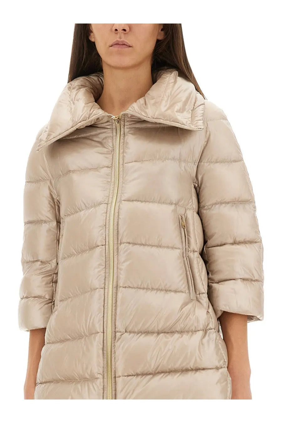 Beige quilted puffer coat with wide collar and gold toned zipper from herno womens giubbotto shape cleofe white collection