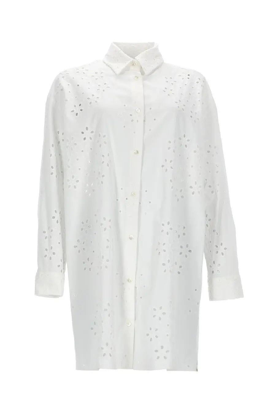 Herno women’s long white shirt with delicate floral eyelet pattern and long sleeves made from breathable fabric