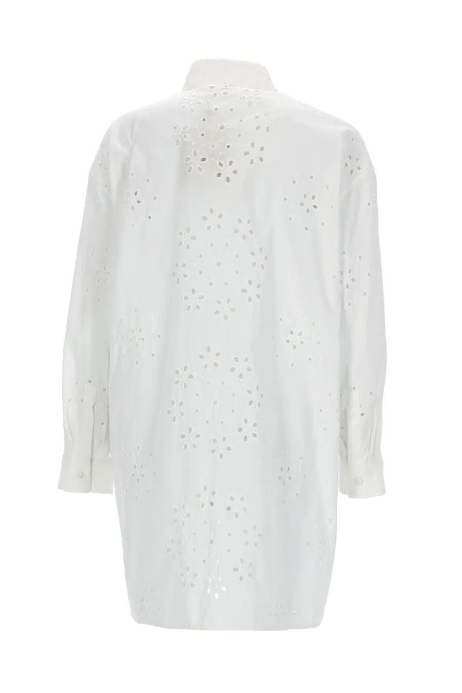 Back view of herno women’s long white shirt dress with classic collar and delicate floral eyelet embroidery