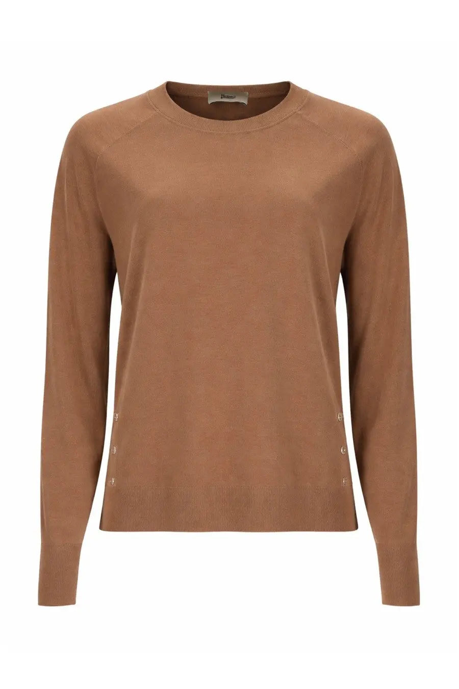 Herno women’s maglia con bottoni laterali beige soft camel cashmere sweater with crew neck and side button detailing