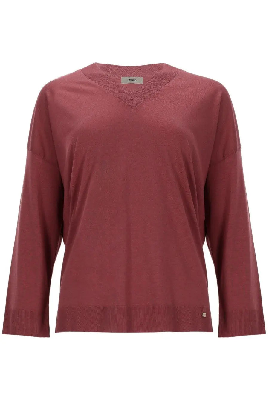 Herno women’s maglia soft dusty rose long-sleeved v-neck sweater in smooth knit fabric with ribbed cuffs and hem