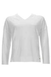 Herno women’s maglia white long-sleeved v-neck top made of soft lightweight glam knit effect fabric