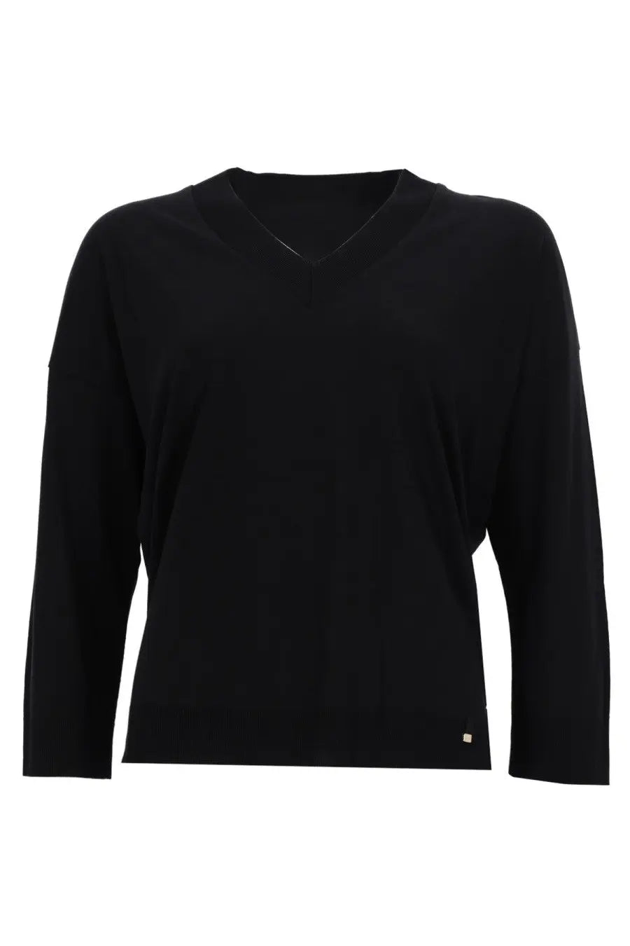 Herno women’s black v-neck long-sleeved sweater with soft smooth texture and subtle seam detailing