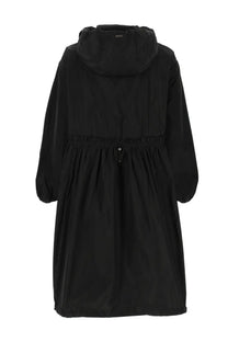 Herno women’s new techno long parka black with hooded coat featuring a cinched waist and long sleeves