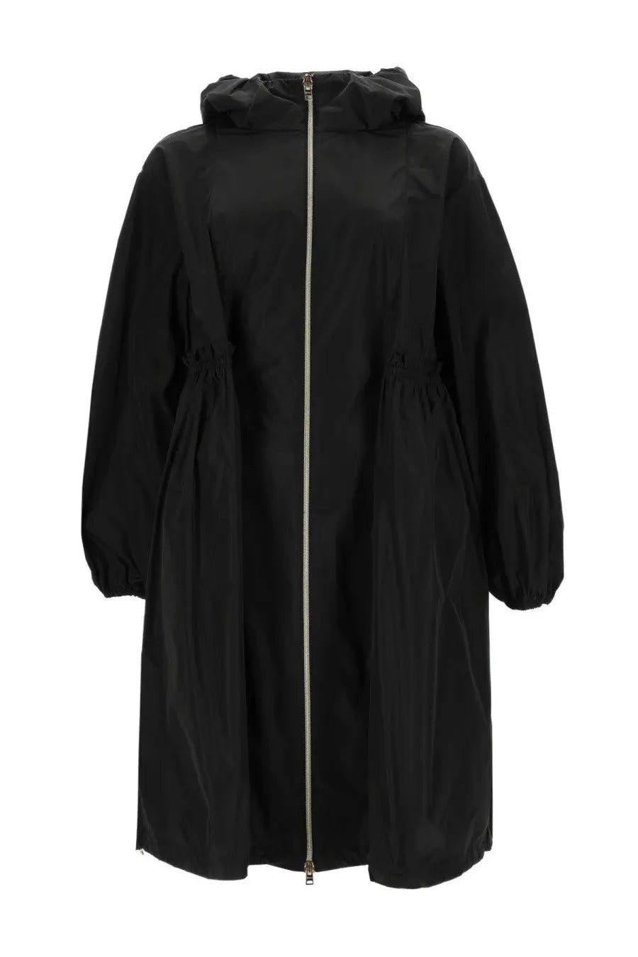 Herno women’s new techno long parka black hooded trench coat with silver zipper and elasticated cuffs front view