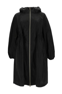 Herno women’s new techno long parka black hooded trench coat with silver zipper and elasticated cuffs front view