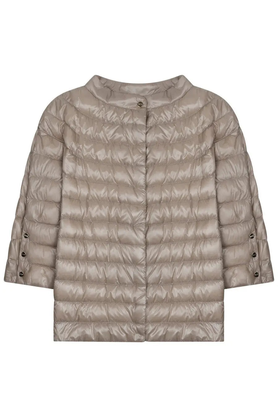 Herno women’s padded jacket beige metallic taupe quilted puffer with rounded collar and button cuff details