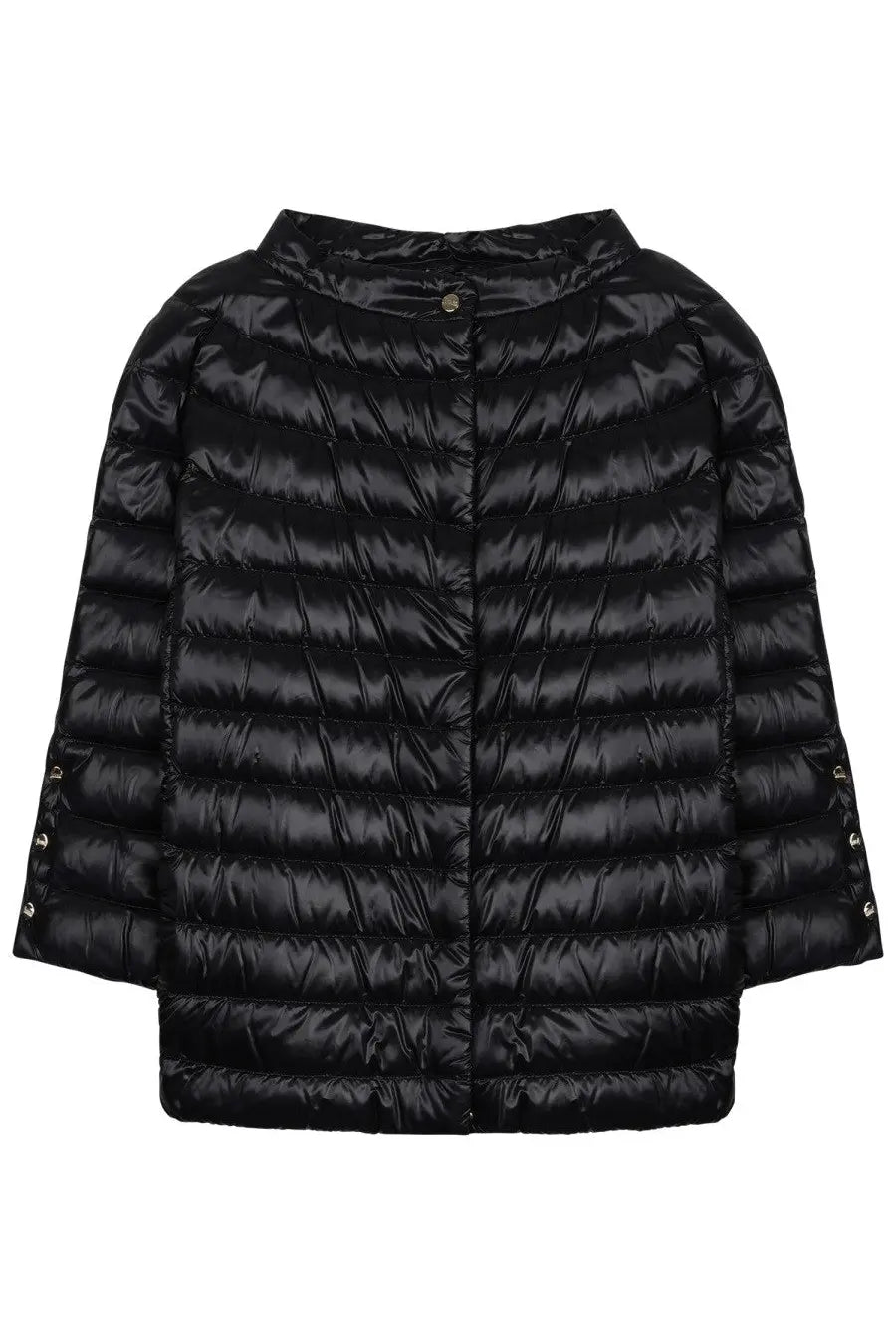 Herno women’s black quilted puffer jacket with shiny satin finish and silver-toned button cuff accents