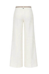 Herno women’s cream-colored wide-leg trousers with elastic waist and brown belt featuring subtle branding