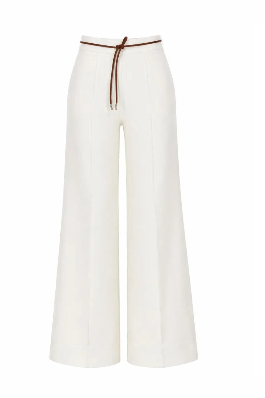 Herno women’s white high-waisted wide-leg trousers with brown drawstring waistband and elastic waist detail