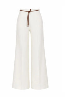 Herno women’s white high-waisted wide-leg trousers with brown drawstring waistband and elastic waist detail