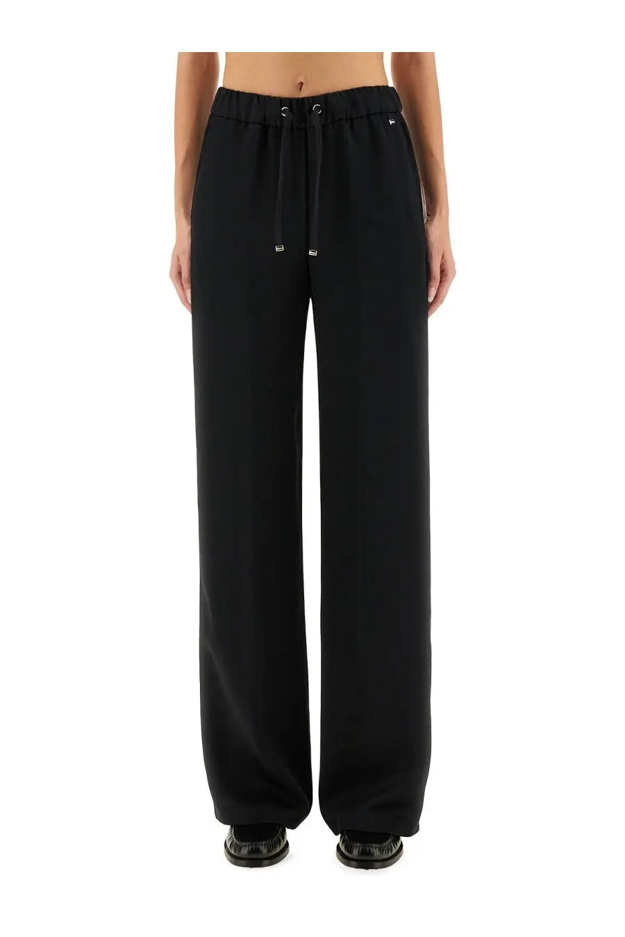 Herno women’s resort black wide-leg trousers with elastic waistband and drawstring in a sleek minimalist design