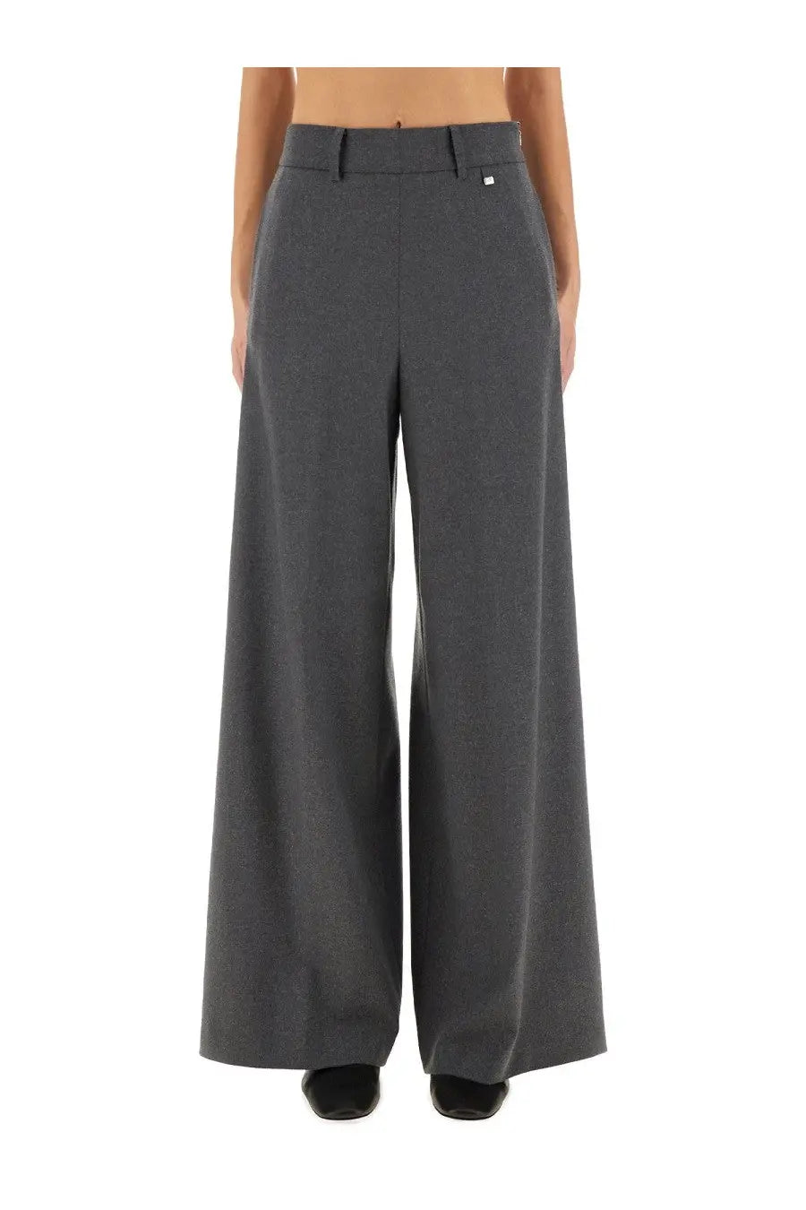 Herno women’s dark gray wide-leg trousers with structured tailored fit and subtle texture in resort grey