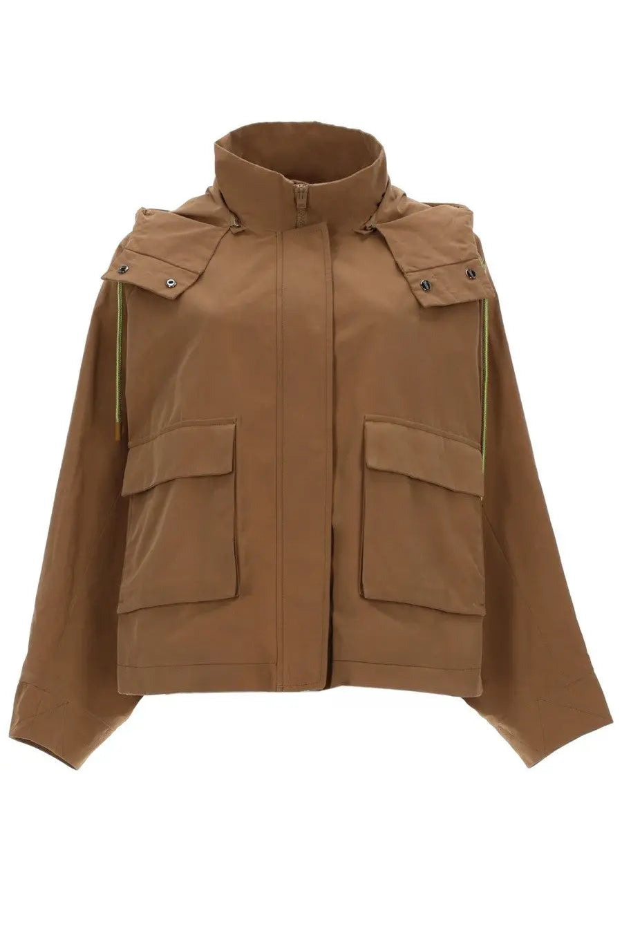 Herno women’s beige parka corto con cappuccio tan utility jacket with high collar and adjustable shoulder straps