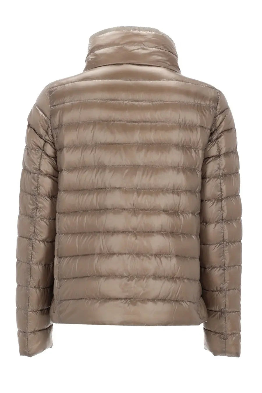 Beige quilted puffer jacket with high collar and horizontal stitching from herno women’s piumino reversibile con collo alto