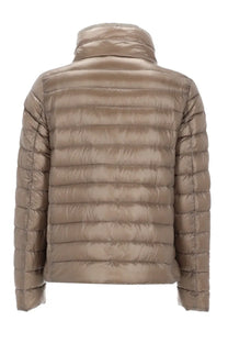 Beige quilted puffer jacket with high collar and horizontal stitching from herno women’s piumino reversibile con collo alto