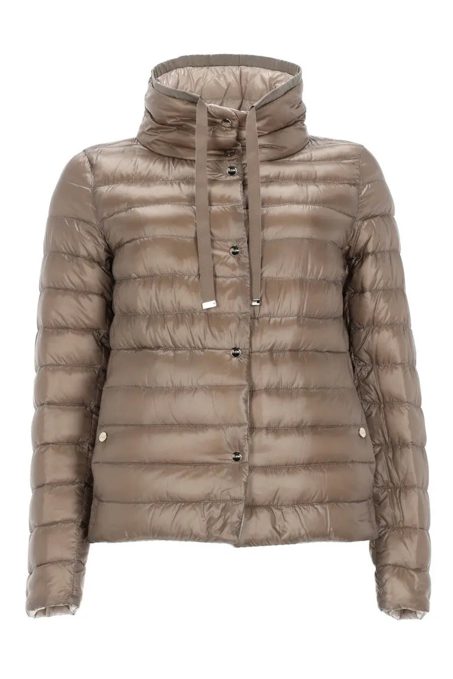 Herno women’s piumino reversibile con collo alto beige sleek taupe quilted puffer jacket with hood and button closure