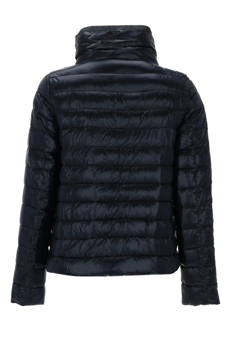 Black quilted puffer jacket with high collar and horizontal stitching from herno womens piumino reversibile con collo alto blue