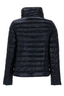 Black quilted puffer jacket with high collar and horizontal stitching from herno womens piumino reversibile con collo alto blue