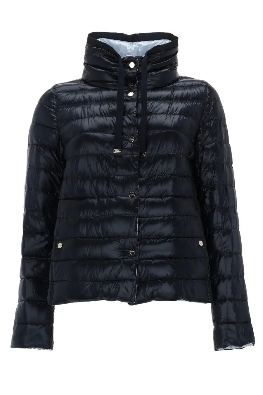 Herno women’s black quilted puffer jacket with high collar and silver-toned buttons reversible style