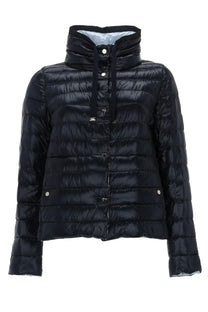 Herno women’s black quilted puffer jacket with high collar and silver-toned buttons reversible style