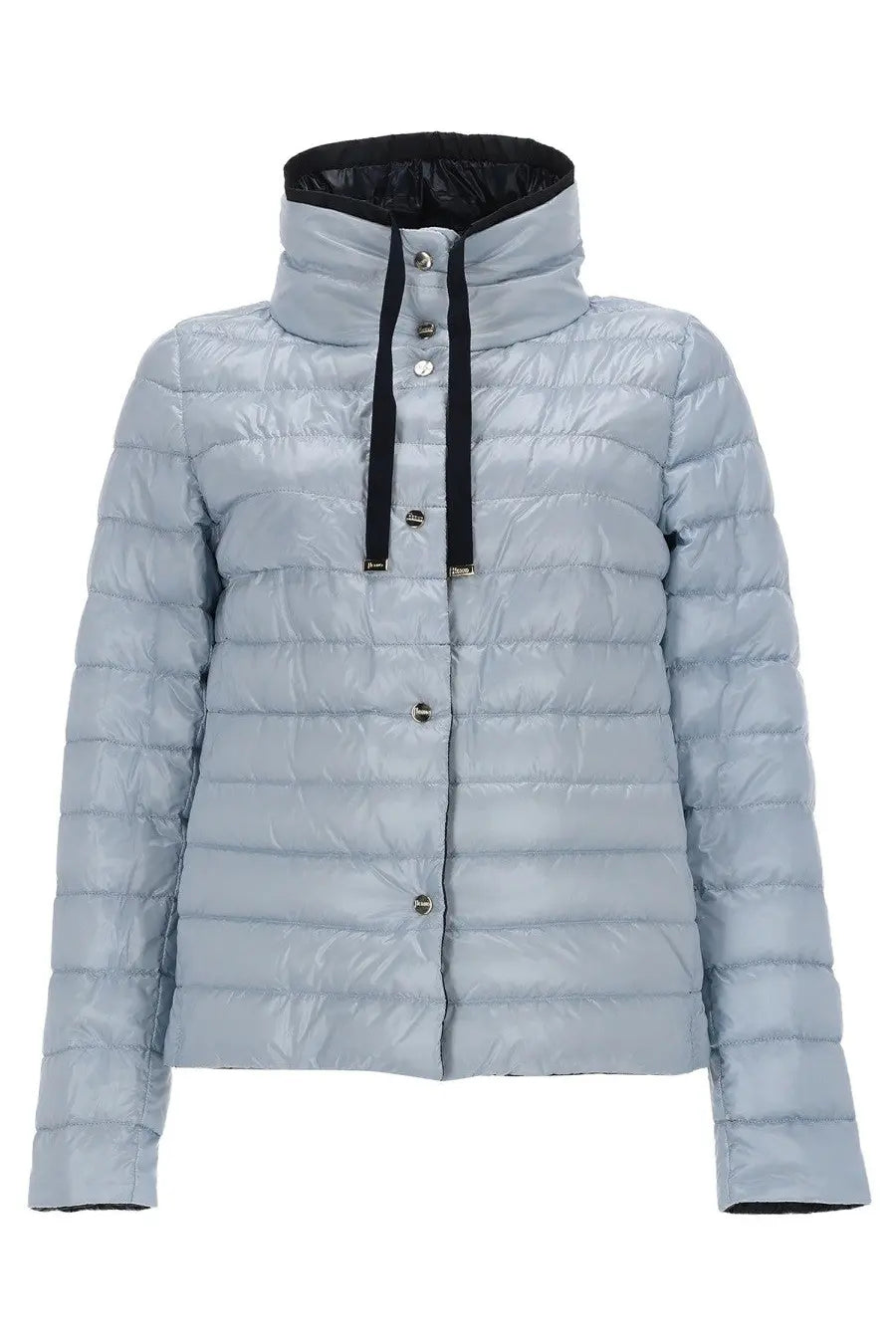 Light blue quilted puffer jacket with black inner lining and drawstring hood by Herno women’s Piumino Reversibile Con Collo Alto Blue