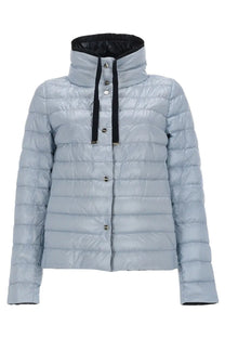 Light blue quilted puffer jacket with black inner lining and drawstring hood by Herno women’s Piumino Reversibile Con Collo Alto Blue