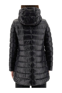 Herno women’s piumino shape resort black quilted down jacket with hood and horizontal stitching in a sleek modern design